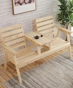 Rain Seat Outdoor Garden Bench with Middle Table and Umbrella Hole Outdoor Wooden Bench Garden Chair