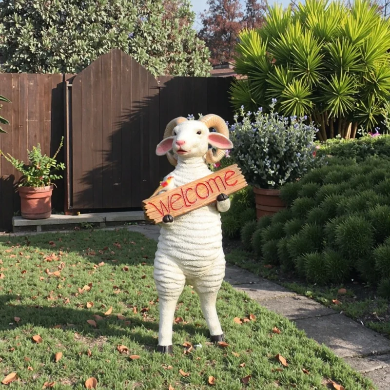 Wholesale Cute Cartoon Sheep Sculpture Modern Luxury Design Weather Resistant Outdoor Garden Entrance Decor Resin Mold Ornament