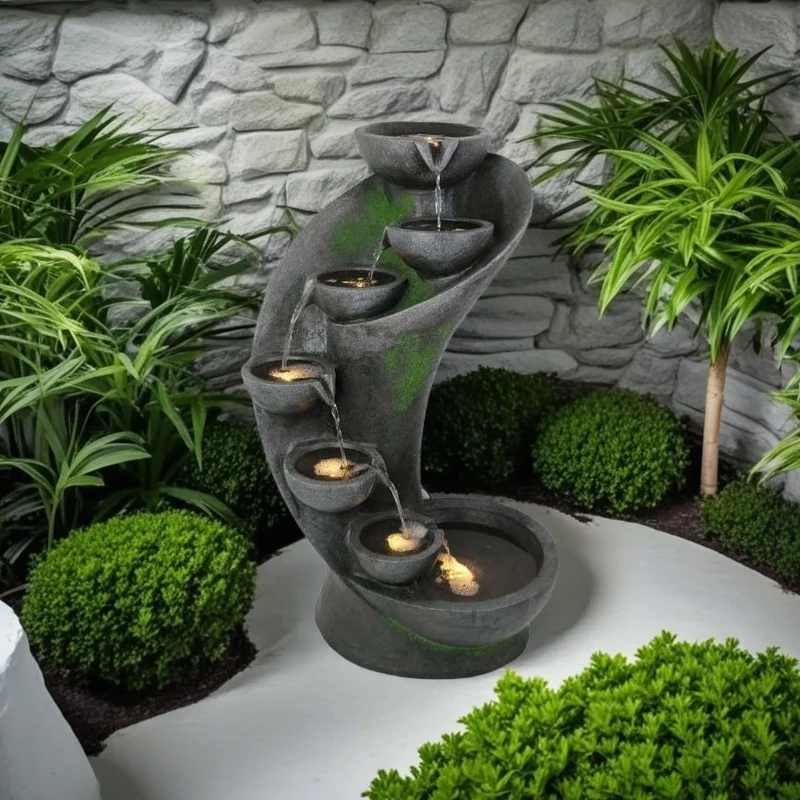 Handmade Solar Powered Resin fiberglass Garden Ornament Water Fountain with Lights Waterproof for Indoor/Outdoor Use