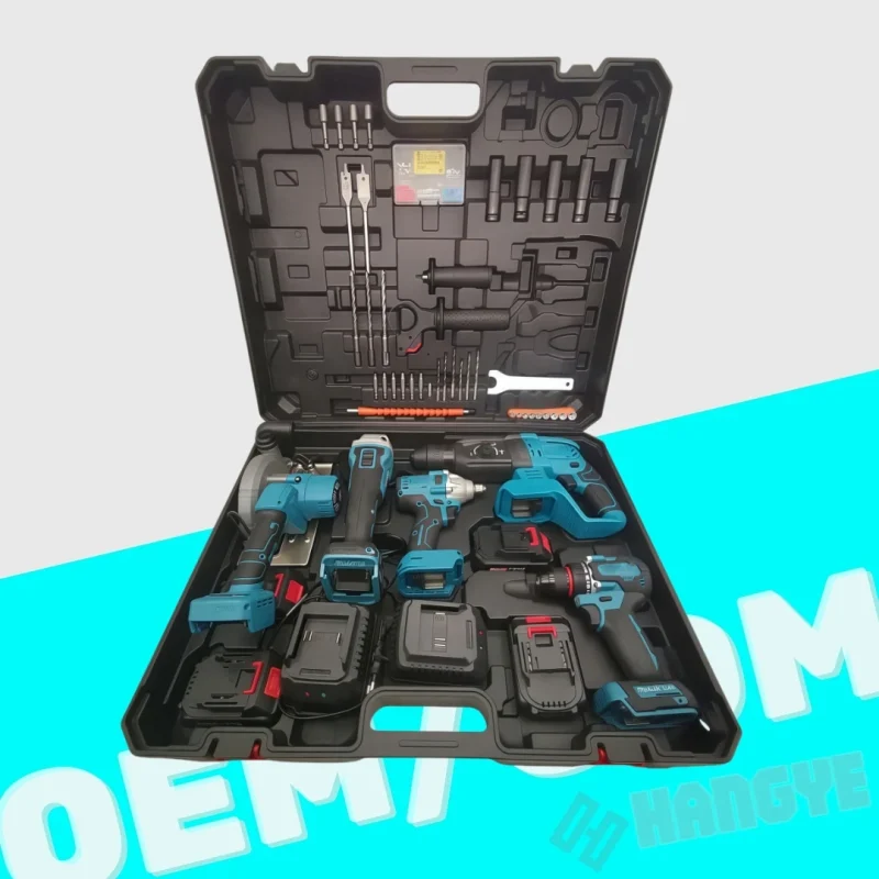 Custom 5-Piece Cordless Power Tool Set for Home Construction Industrial Use Including Angle Grinder Rotary Hammer Hard Case