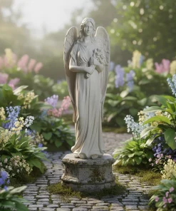 Hand Carved White Angel Statue with Floral Accents Art Deco Waterproof Resin Sculpture for Home & Garden Decor