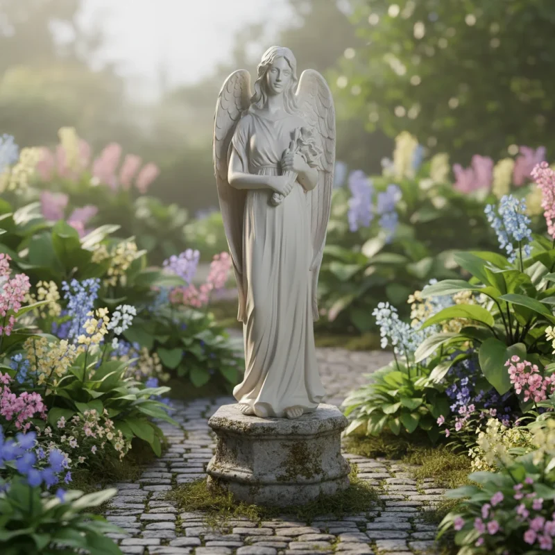 Hand Carved White Angel Statue with Floral Accents Art Deco Waterproof Resin Sculpture for Home & Garden Decor
