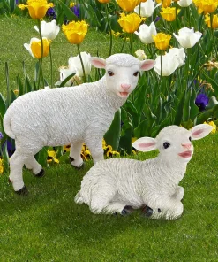 15 Inch Long Yorkshire Lamb Garden Statue Resin with White Finish Farm Animal Ornament for Fountain Water