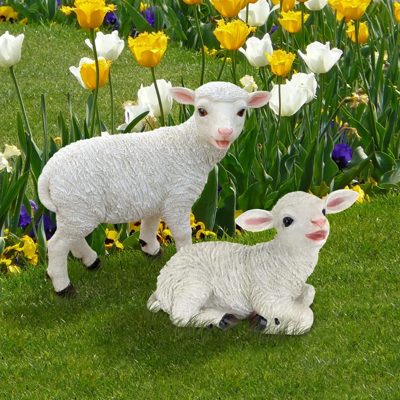 15 Inch Long Yorkshire Lamb Garden Statue Resin with White Finish Farm Animal Ornament for Fountain Water