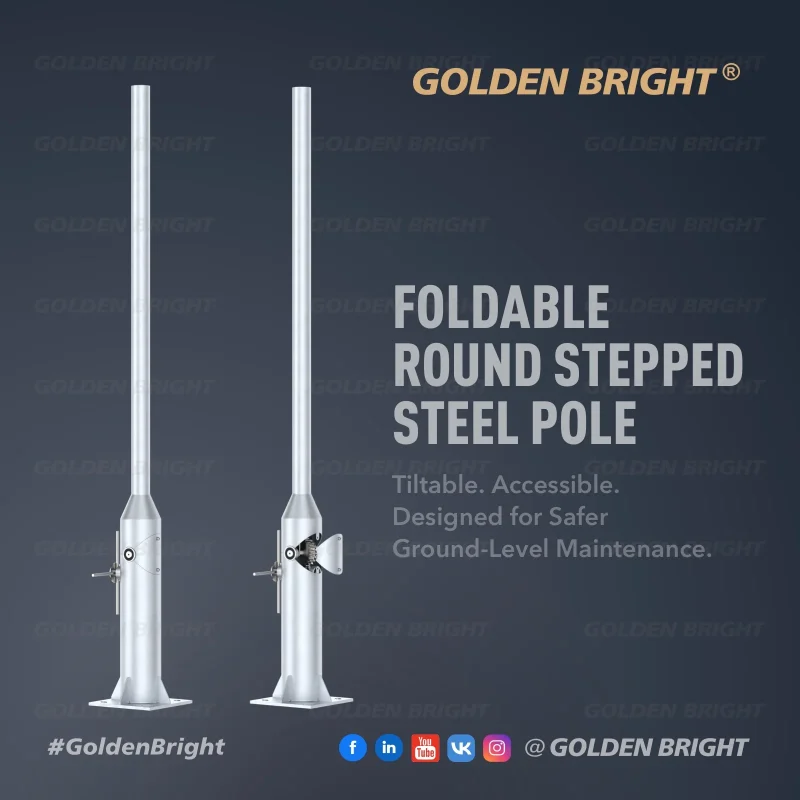 Golden Bright Foldable Round Stepped Steel Pole Outdoor Lamp Posts Tiltable Easy Maintenance