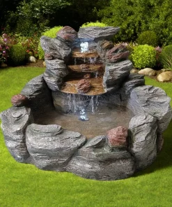 LED-Lit Outdoor Rock Waterfall Fountain Artificial Style Resin Garden Ornament with Layered Rock Design
