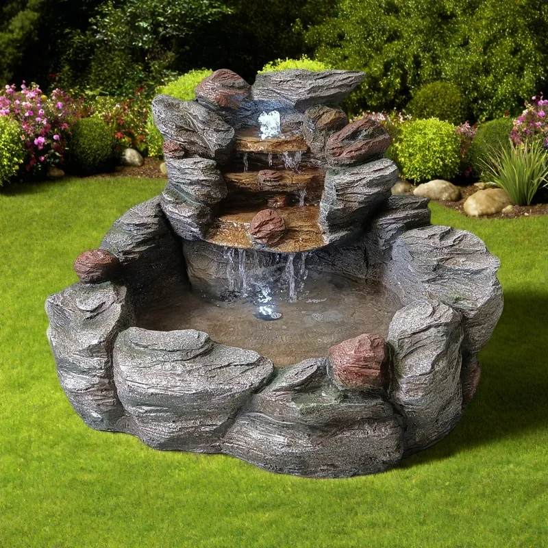 LED-Lit Outdoor Rock Waterfall Fountain Artificial Style Resin Garden Ornament with Layered Rock Design