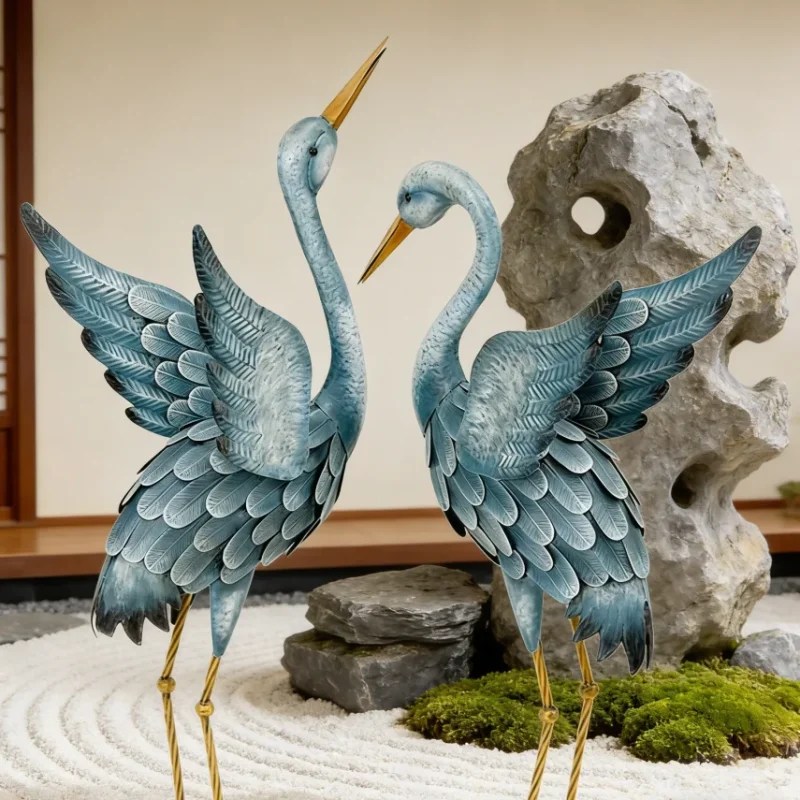 Blue Heron Metal Garden Statue Set Waterproof Outdoor Yard Art Modern Decor