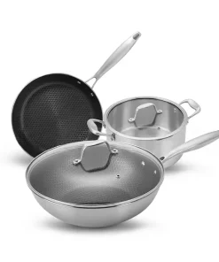Classic Stainless Steel Kitchenware Set with 28cm Frypan 24cm Fry Pan 30cm Soup Pot and Wok