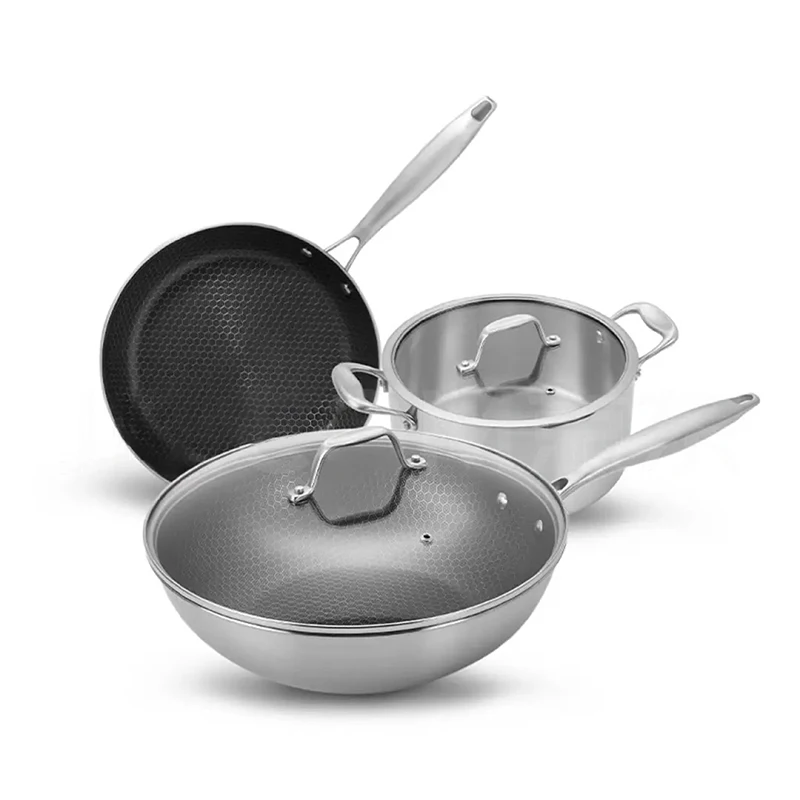 Classic Stainless Steel Kitchenware Set with 28cm Frypan 24cm Fry Pan 30cm Soup Pot and Wok