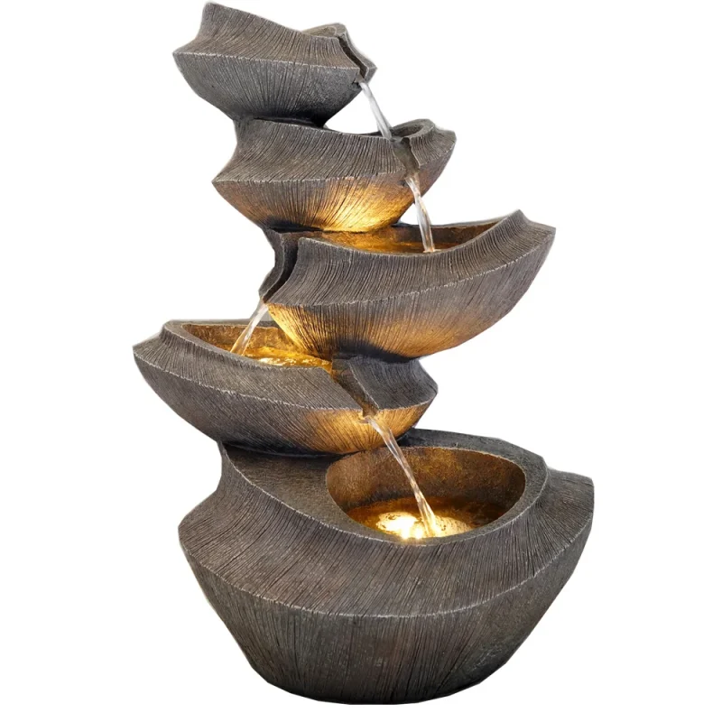 Resin Brown Orienta LGold Ingot Shape Garden 5 Tier Outdoor Fountain with Led Light; Water Fall Fountain Outdoor Garden Ornament