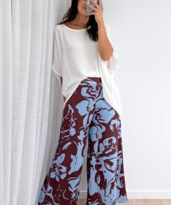 Jamie Satin Pants - Chocolate Abstract Palm