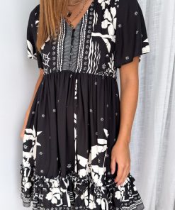 Sunnie Dress - Black White Palm